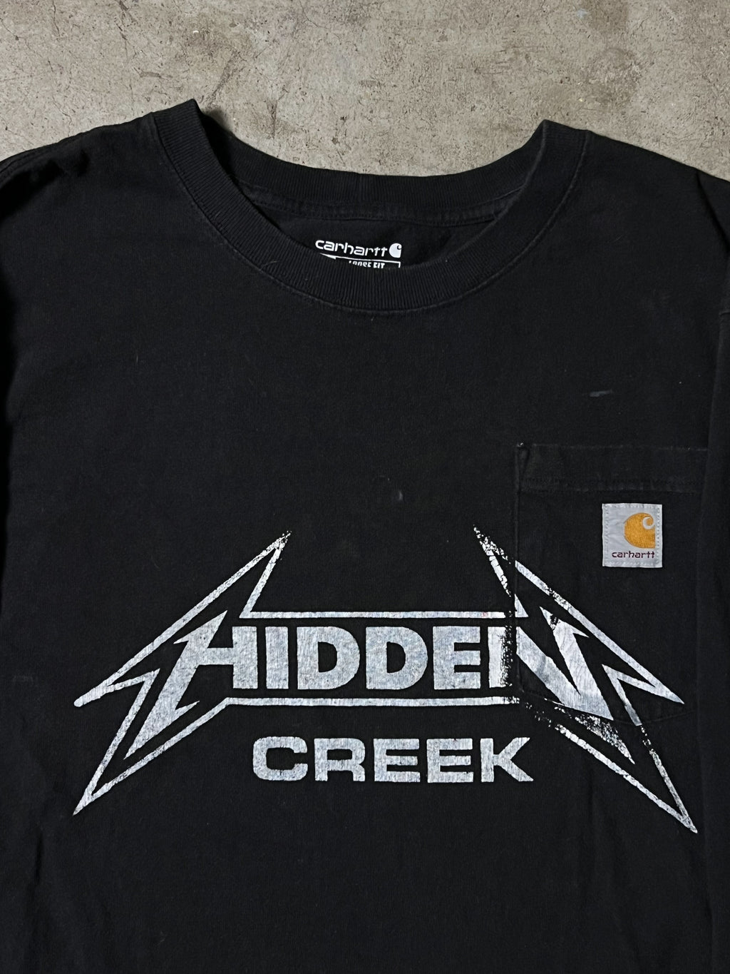 1 OF 1 CARHARTT LONGSLEEVE TEE WITH HAND PRINTED HIDDEN CREEK GRAPHIC | L
