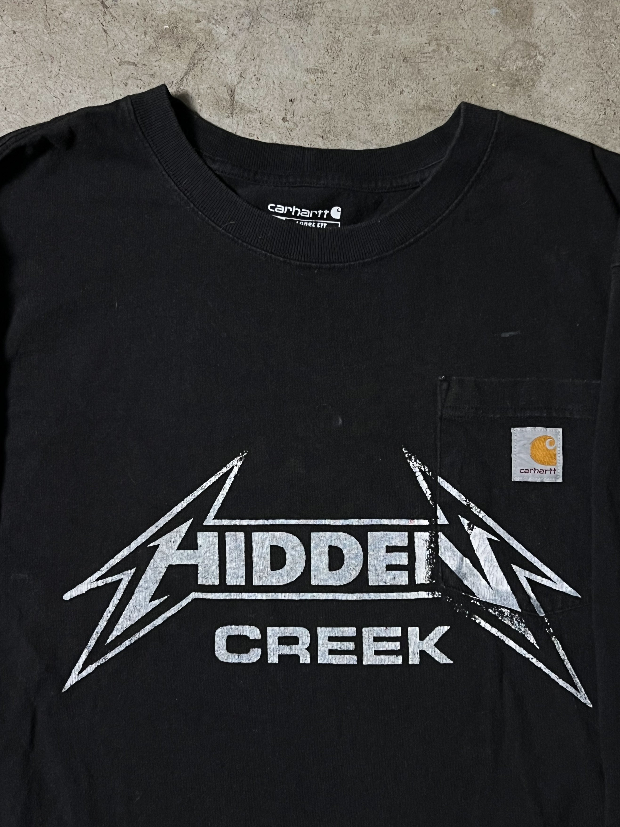 1 OF 1 CARHARTT LONGSLEEVE TEE WITH HAND PRINTED HIDDEN CREEK GRAPHIC | L