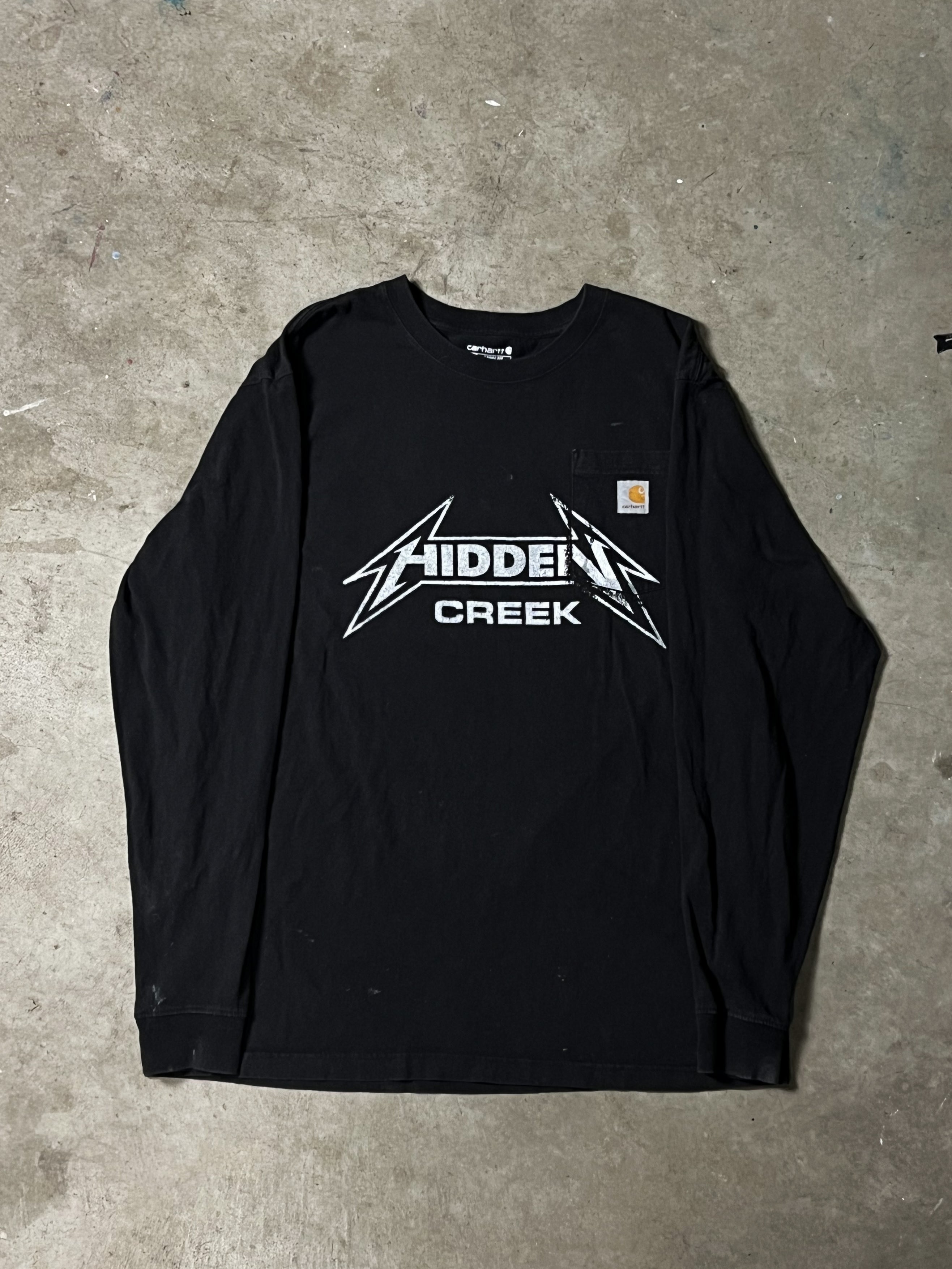 1 OF 1 CARHARTT LONGSLEEVE TEE WITH HAND PRINTED HIDDEN CREEK GRAPHIC | L
